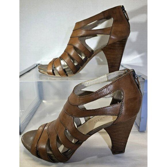 Franco Sarto Women's Brown Leather Strappy Stacked Heel Platform Toe Back Zipper - Picture 1 of 16